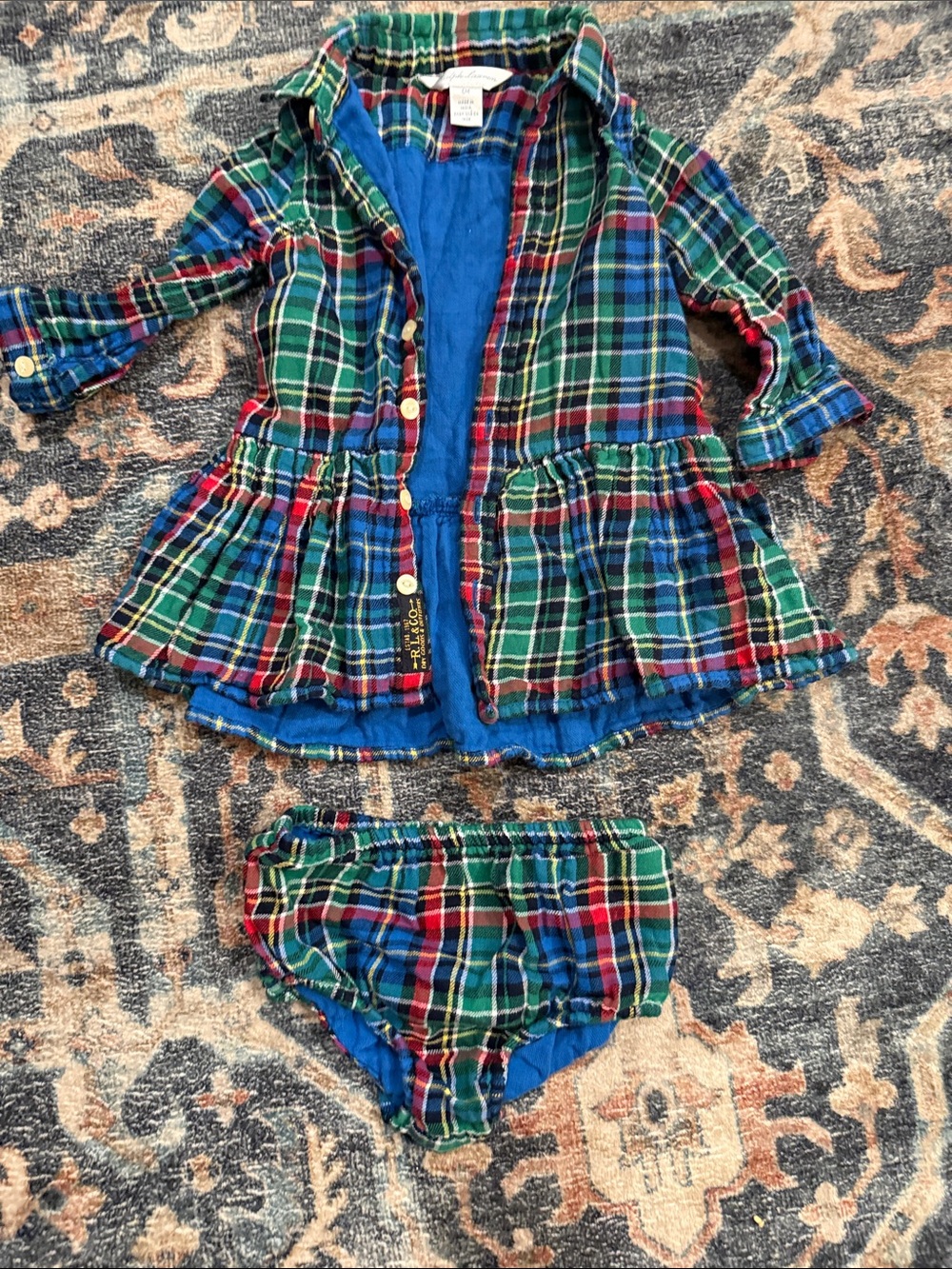 Ralph Lauren Green Blue Red Plaid Girls Shirt & Diaper Cover Set
